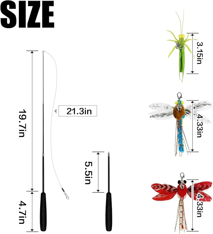 TTcat Cat Feather Wand Toys,Retractable Wand Toy with 3 Simulation Insects Refills, Transparent Carbon Wire,Interactive Cat Toy Kitten Toy for Indoor Cats to Play Chase Exercis-Mewly Pet