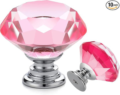 Ravinte 10 Pack Pink Crystal Knobs for Dresser Drawers Glass Cabinet Knobs Diamond Shaped Drawer Knobs - 30 mm Knobs with Silver Base