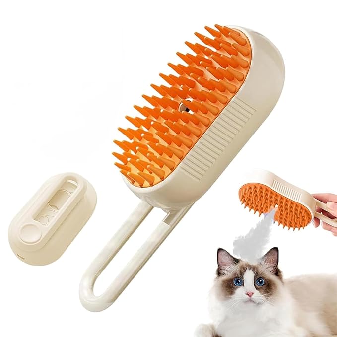 Cloud Care Cat Brush，Cat Hair Steam Brush for Shedding， 2024 Best Cat Steam Brush, Pet Steam Brush, 3-in-1 Self-Cleaning Cat Brush with 360° Rotating Arm, Detachable Silicone Bristle Head (Brown)-Mewly Pet
