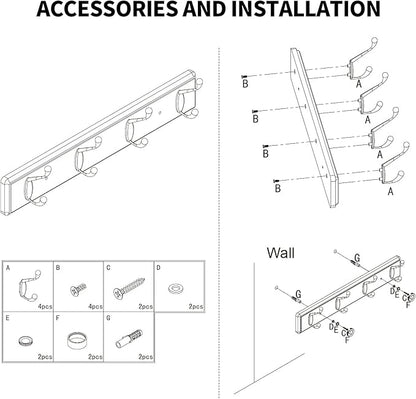 Wooden Coat Rack, Wall-Mounted Organizer for Closet, Entryway, Hallway, Foyer, Bedroom, Heavy Duty Double Hooks for Hanging Towels, Bags, Hats, Jackets, Key (White, 4 Hooks)