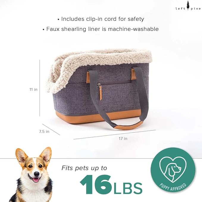 LeftPine x P.L.A.Y. Deluxe Dog Carrier Purse - Soft Sided Pet Travel Tote for Small Dogs & Puppies up to 16 Pounds - Built-in Safety Leash, Machine Washable, Removable Liner, Zipper Pocket (Charcoal)-Mewly Pet