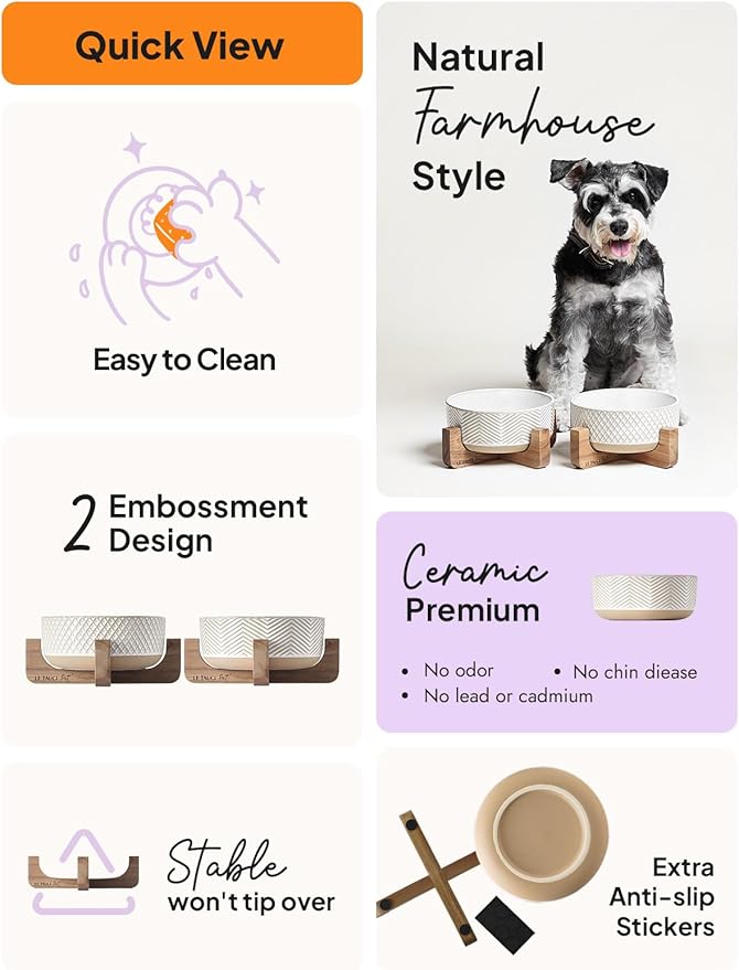 Ceramic Dog Bowl Set, 4 Cups Food and Water Bowl for Medium Small Dogs, Cute Pet Dishes with Wood Stand, Rhombus+Wave Design (Set of 2)-Mewly Pet