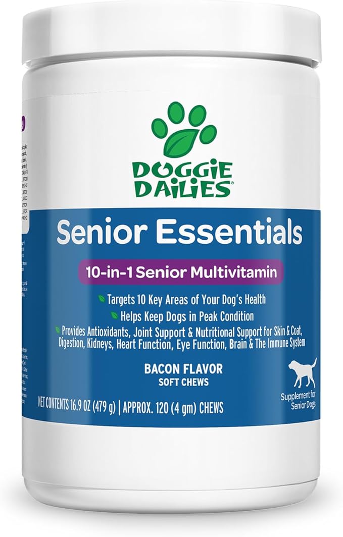 Doggie Dailies Senior Essentials Multivitamin for Dogs Soft Chews | Advanced Dog Multivitamin | Nutritional Support for Joints, Skin & Coat, Digestion, and the Immune System | Bacon Flavor | 120 Count-Mewly Pet
