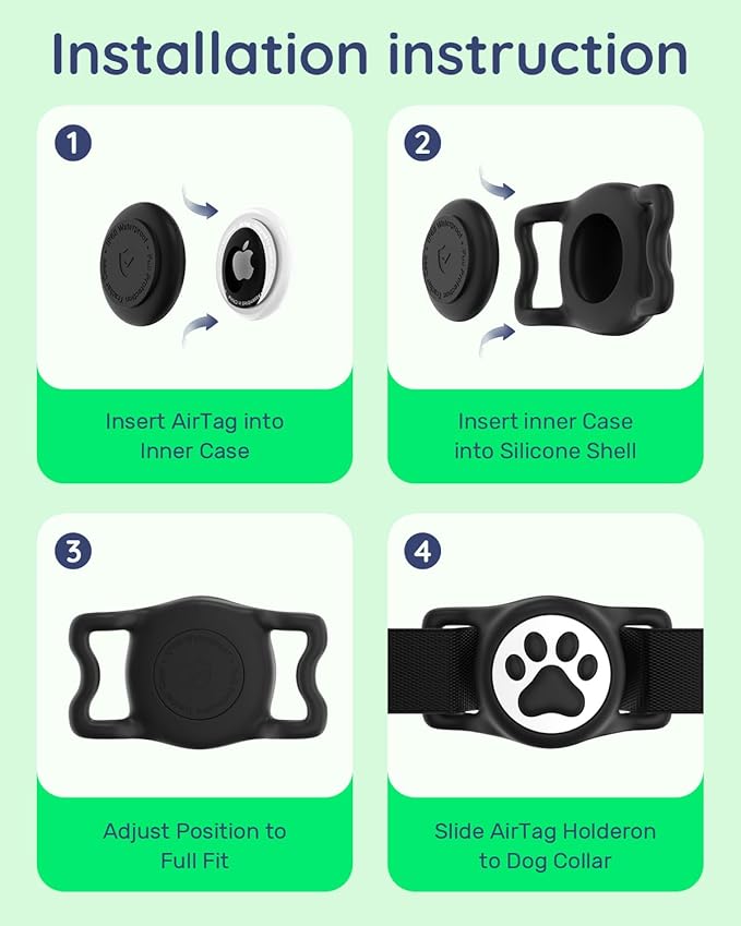 IP68 Waterpoof Dog Airtag Holder, Stretchy Silicone Full Body Covered Apple Air Tag Holder for Dog Cat Collar Fit All Width Collar (Black, 1 Pack)-Mewly Pet