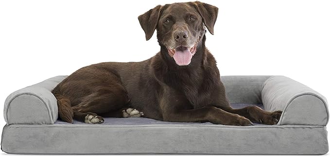 Furhaven Orthopedic Dog Bed for Large/Medium Dogs w/ Removable Bolsters & Washable Cover, For Dogs Up to 55 lbs - Faux Fur & Velvet Sofa - Smoke Gray, Large-Mewly Pet