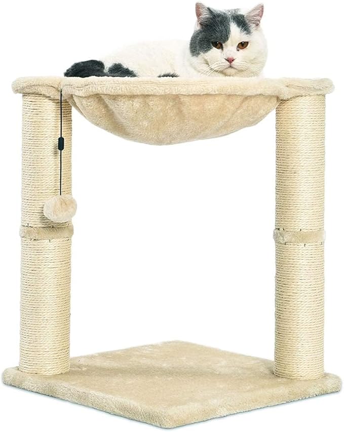 Amazon Basics Cat Condo Tower with Hammock Bed and Scratching Post,Easy to Assemble,Plush Hammock,Interactive Hanging Ball,Durable Sisal Scratch Posts for Indoor Cats, 15.8 x 15.8 x 19.7 Inches, Beige-Mewly Pet