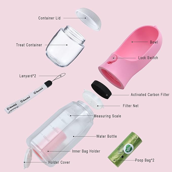 Dog Water Bottle with Food Container & Poop Bag Holder, Travel Water Bowl, Portable Pet Dispenser, Girl Dog Accessories Stuff Items Essentials Gift for Yorkie Chihuahua Walking Hiking-Mewly Pet