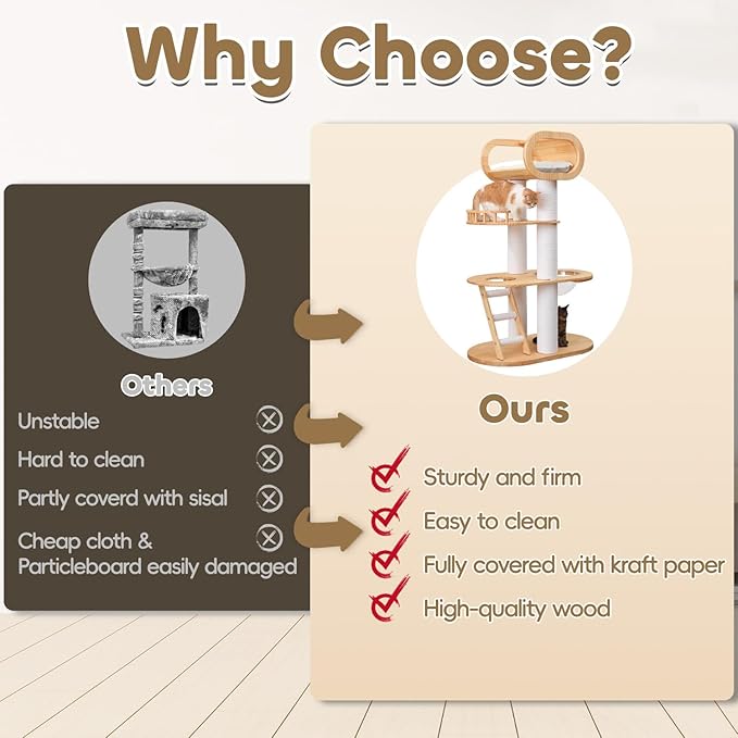 63'' Tall Modern Cat Tree for Indoor Cats, Luxury Cat Tree, Multi-Level Wood Climb Tower for Large Cat, Heavy Duty Kitty House with Transparent Bowl, Large Perches with Removable Cushion-Mewly Pet