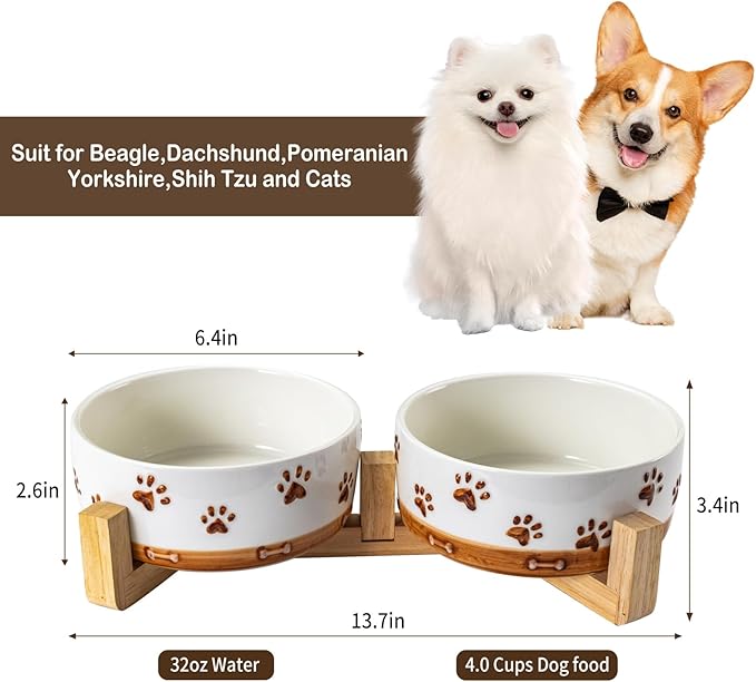 Ceramic Dog Bowls for Small and Medium Dogs, 32 OZ Dog Food and Water Bowl Set with Wooden Stand and Non-Slip Silicone Food Mat, Weighted Embossed Cute Puppy Bowls Feeding Dishes Set of 2-Mewly Pet