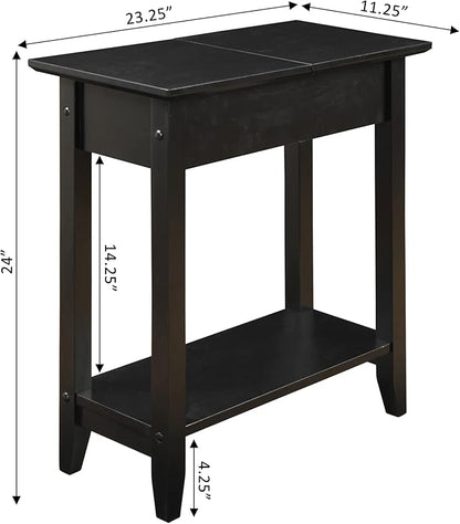 Convenience Concepts American Heritage Flip Top End Table 23.25" - Classic Narrow Chairside Accent with Hidden Storage & Lower Shelf for Traditional, Modern Living Room, Black