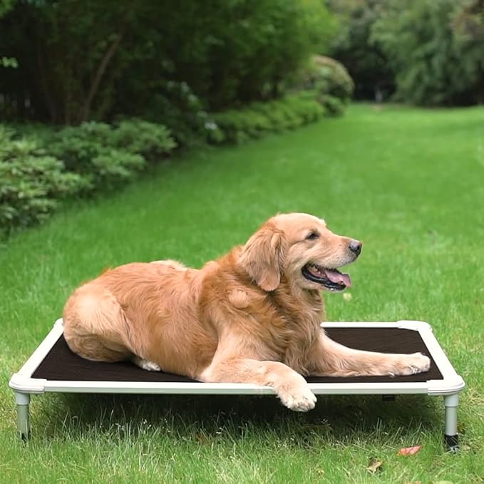Veehoo Chew Proof Elevated Dog Bed - Cooling Raised Pet Cot - Silver Aluminum Frame and Durable Textilene Mesh Fabric, Unique Designed No-Slip Feet for Indoor or Outdoor Use, Brown, Large, CWC2003-Mewly Pet
