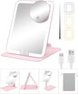 Gospire Travel Makeup Mirror with Lights and Magnification 10X, Portable Make Up Compact Tabletop Mirror with Adjustable Stand, 3 Colored Lights Rechargeable Lighted LED Vanity Mirror - Pink