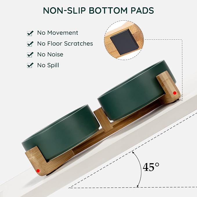 SPUNKYJUNKY Ceramic Dog and Cat Bowl with Wood Stand Non-Slip Matte Glaze Weighted Food Water Set for Cats &Small Dogs 13.5 OZ Green-Mewly Pet
