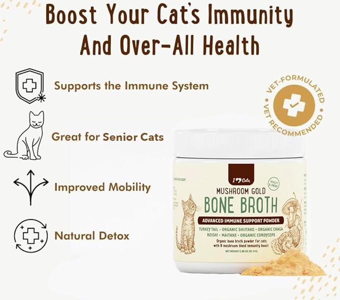 iHeartCats Bone Broth for Cats - Bone Broth & Mushroom Gold Powder Supplement for Immune System Support, Improved Mobility & Flexibility and Natural Detox - Turkey Tail Mushroom for Cats-Mewly Pet