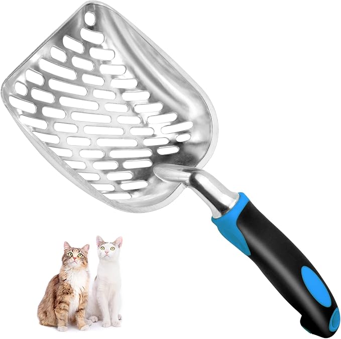Cat Litter Scoop-Metal Cat Scooper-Long Handle Scoop,Cat Scooper-Poop Sifting-Mesh Shovel-Suitable for Cat Litter Box(Blue)-Mewly Pet
