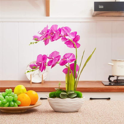 Large Artificial Potted Orchid Plant, Silk Flower Arrangement with Ceramics Vase, Purple Red