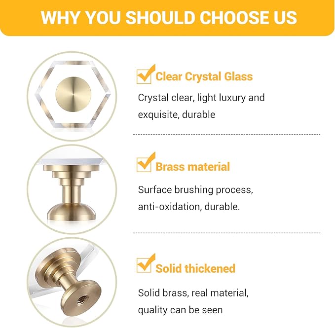 24-Pack Brass Base Crystal Drawer Knobs,Glass Crystal Gold Cabinet Knobs,1-5/16-Inch Hexagon,Kitchen Hardware Pulls, Modern Bathroom Hardware knob