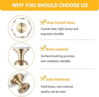 6-Pack Brass Base Crystal Drawer Knobs,Glass Crystal Gold Cabinet Knobs,1-5/16-Inch Hexagon,Kitchen Hardware Pulls, Modern Bathroom Hardware knob