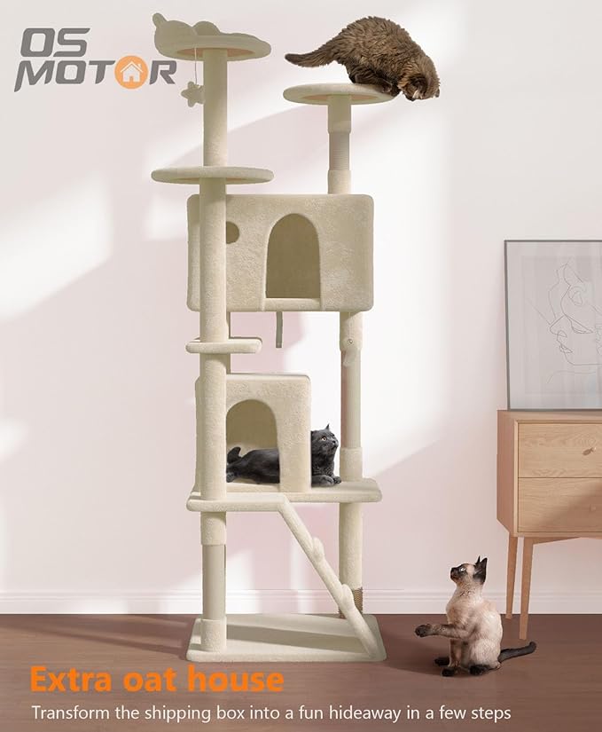 77'' Cat Tree Tower for Indoor Cats Large Adult, Cute/Tall Modern Cat Tree for Big Cats 20 lbs, Plush Multi-Level Cat Condo with Scratching Posts, Dangling Ball for Fun Play (Beige, 77 inch)-Mewly Pet