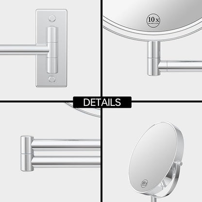 Wall Mounted Makeup Mirror, 10x/1x Double-Sided Magnifying Mirror, 360° Extendable Arm Bathroom Mirror, 8 inch Vanity Mirror for Makeup or Shaving Chrome Finish