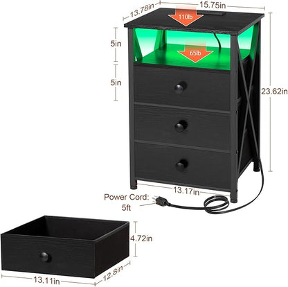 AMHANCIBLE Night Stand Set 2, LED Nightstand with Charging Station, End Side Tables with USB Port & Outlet, Bedside Table with Fabric Drawers for Bedroom Living Room, Black, HET053LBK