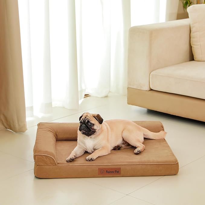 Chew Proof Dog Bed, 3" Memory Foam Dog Bed for Small and Medium Dogs, Removable and Washable Microsuede Cover, Waterproof Liner, Nonskid Bottom, 35x23 Inches M Khaki-Mewly Pet