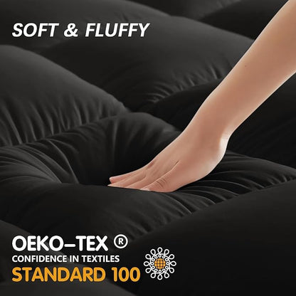 Mattress Topper Twin XL College Dorm, Bed Topper Twin XL Cooling Mattress Pad Cover for College, Black Pillow Top Mattress Topper with Deep Pockets, Breathable Fluffy Fill Mattress Protector