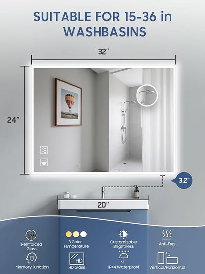 Led Mirror for Bathroom, 24x32 Inch Backlit Mirror with 10X Magnification and Shaver Charging Port, Anti-Fog, Memory Function, 3 Color Temperature, Dimmable Led Bathroom Mirror, Horizontal/Vertical