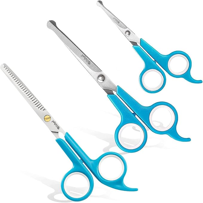BOSHEL 3 Pc Dog Grooming Scissors Kit - 7" Scissor For Body Hair Trimming, 6" Small Micro-serrated Scissor For Face, Ear, & Paws, Thinning Shears For Dogs - Professional Dog Grooming Kit For Cat & Pet-Mewly Pet