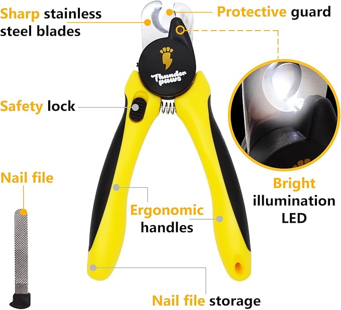 LED Dog Nail Clippers with Light, Trimmers with Protective Guard, Quick Sensor, Safety Lock and Nail File - Suitable for Large and Small Dogs & Cats (Yellow, LED)-Mewly Pet