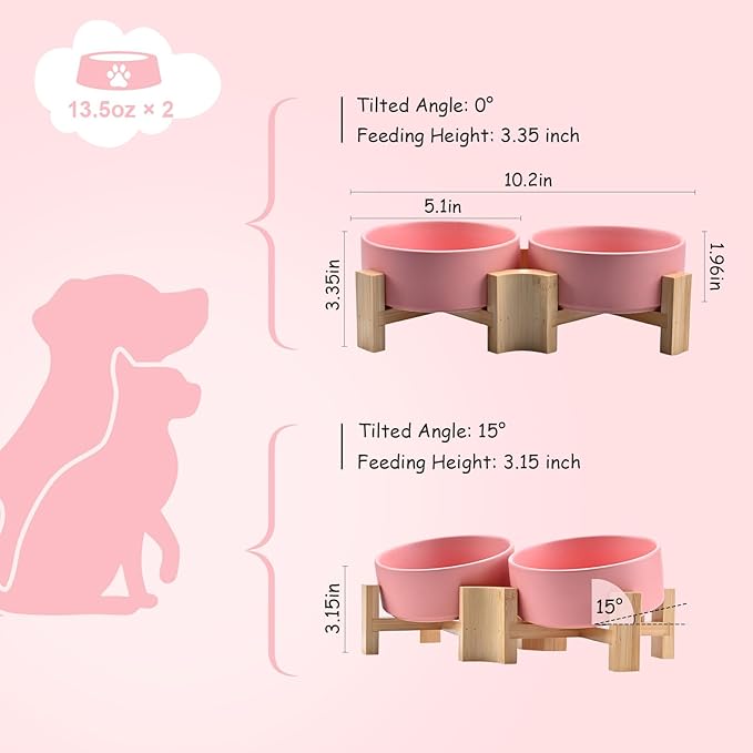SPUNKYJUNKY 15° Slanted Ceramic Dog and Cat Bowl with Wooden Stand, Tilted Bulldog Food and Water Bowl No Slip Non-Spill for Cats Medium Dogs Big Face Pets 13.5 OZ (1.7 Cups, Pink × 2)-Mewly Pet