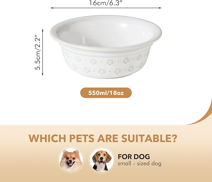 6.3inch Ceramic Set of 2 Dog Bowls, Food and Water Bowls for Small and Medium Dog, 2pcs Basic Dog Bowl, Wide Opening Rounded Edge (2 Bowls, Reactived Glaze -White)-Mewly Pet