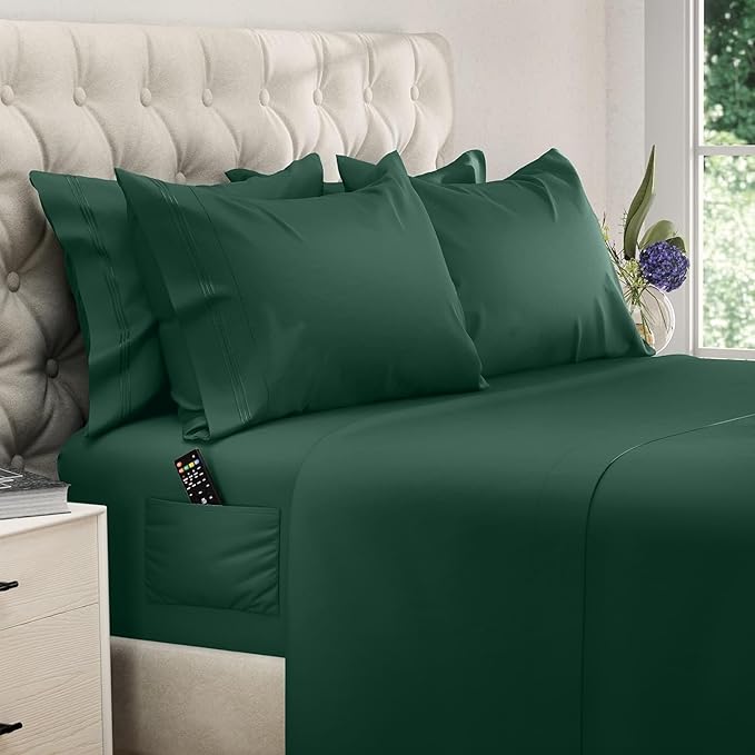 DREAMCARE Queen Sheet Set – 6 pcs Cooling Bed Sheets – up to 21” Deep Pocket Queen Sheets Set – 2500 Supreme Collection – Extra Soft 100% Brushed Microfiber Hotel Luxury with Side Pocket Emerald Green