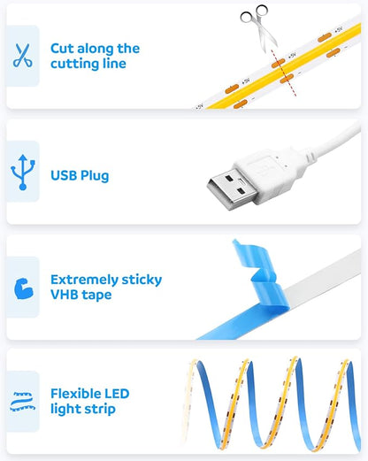 Aclorol USB COB LED Strip Lights Warm White Led TV Backlight 5V 1M 3.28FT 320Leds 3000K CRI85+ COB Flexible Lights with 1M USB Powered for Bedroom Under Cabinet Kitchen DIY Lighting Project