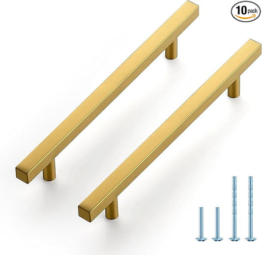 JOY DECOR 10 Pack 6-1/4 Inch Brushed Brass Square Cabinet Handles Stainless Steel Cabinet Hardware Pulls for Kitchen and Drawers with 8-13/16 Inch Overall Length