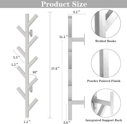 Vlush Wall Mounted Metal Coat Rack with 9 Hooks Modern Minimalist Coat Racks, Upright hat rack for wall for Hanging Clothes, Hats, Hanging Bags and Scarves Entrance Wall Iron Coat Rack (White)