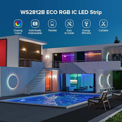 BTF-LIGHTING WS2812B RGB ECO LED Strip, Chasing Effects 5050SMD Individually Addressable 16.4FT 30Pixels/m 150Pixels Flexible Dream Color IP30 for Bedroom DIY Project DC5V(No Adapter or Controller)