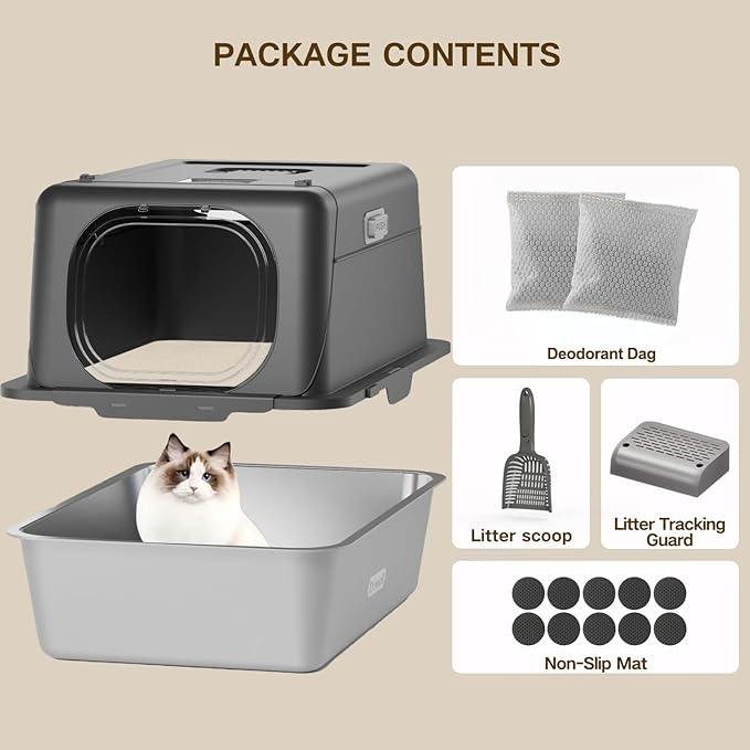 Stainless Steel Cat Litter Box with Lid, XX-Large Extra Large Litter Box for Big Cats, Enclosed Removable Metal Cat Box with High Sided Enclosure,Magnetic Door,40L Box, Litter Trap Step/Mat-Mewly Pet