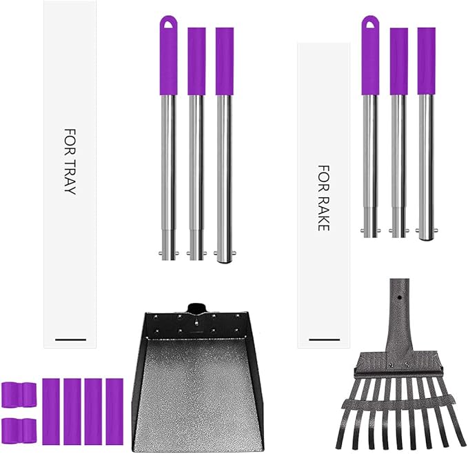 QiMH Upgraded Dog Pooper Scooper Extra Large, Adjustable Long Handle Stainless Metal Pet Poop Tray and Rake Set for Large Medium Small Dogs, Dog Waste Removal Bin Rake, Great for Grass, Street, Gravel-Mewly Pet