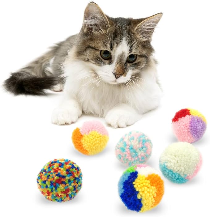 Andiker 6 Pcs Assorted Color Cat Ball Toys, Woolen Yarn Puffs Cat Pom Pom Balls Interactive Kitten Chasing Toys-Mewly Pet