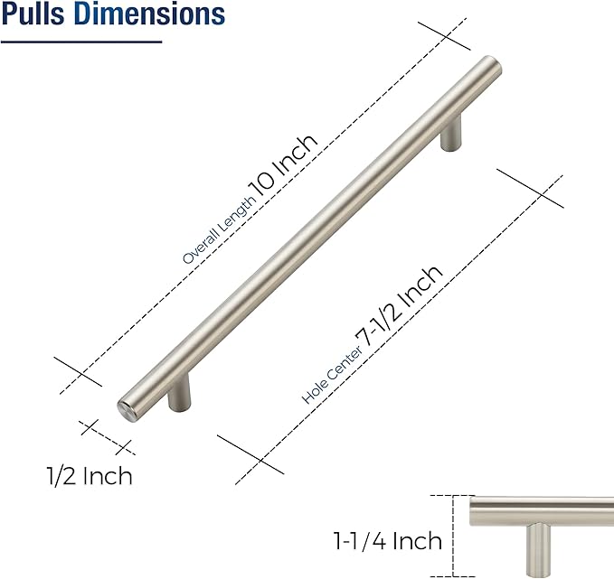 JOY DECOR 5 Pack Cabinet Handles, Brushed Nickel Cabinet Pulls, 7-1/2 in Hole Center Kitchen Cabinet Handles, Stainless Steel T Bar Handles for Dresser Drawers