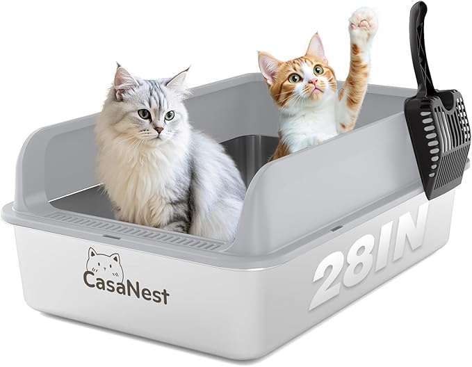 XXXL Stainless Steel Cat Litter Box 28.1''×20.5'' × 10.1” Extra Large Metal Cat Litter Box for Big, Multi Cats, Anti-Leakage & Non-Stick Metal Pan, Easy to Clean, Durable (Light Grey-Mewly Pet