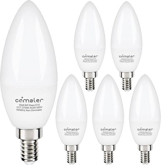 comzler E12 Led Bulb, Small LED Candelabra Bulbs 60W Equivalent, Warm White 2700K Ceiling Fan Light Bulbs, Type B Shape Chandelier , Pack of 6, Non-Dimmable