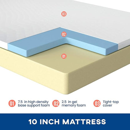 FDW | 10 Inch Full Mattress | Medium Firm | Gel Memory Foam Mattress | White | Bed in a Box, CertiPUR-US Certified | Pressure Relief, Cooling Ventilated Foam | Washable Removable Cover