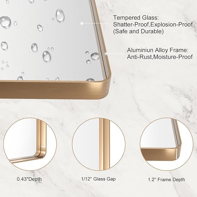 LOAAO 60”X36” Gold Bathroom Mirror, Rounded Rectangle Gold Frame Mirror, Brushed Gold Bathroom Vanity Mirror Wall-Mounted, Anti-Rust, Tempered Glass, Hangs Horizontally or Vertically
