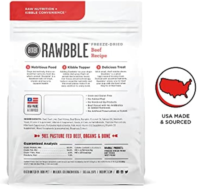 BIXBI Rawbble Freeze Dried Dog Food, Beef Recipe, 4.5 oz - 98% Meat and Organs, No Fillers - Pantry-Friendly Raw Dog Food for Meal, Treat or Food Topper - USA Made in Small Batches-Mewly Pet