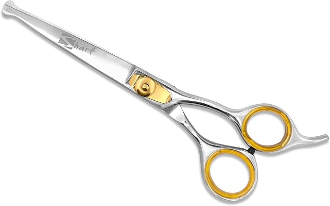 Sharf Dog Grooming Scissors, Gold Touch 6.5 Inch Curved Sharp Professional Pet Grooming Shear with Safety Round Tip, Ball Point for Safe and Easy Use Even for Nose, Ear and Face-Mewly Pet