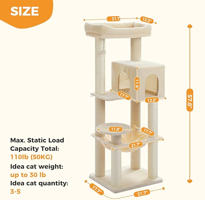 Large Cat Tree with Reinforced Scratching Posts (φ3.1in) for Big Adult Cats 30 lbs, 57.8" Heavy Duty Cat Tower with Larger Hammock and Condo, Cat Furniture for Maine Coon, Plush,Beige-Mewly Pet
