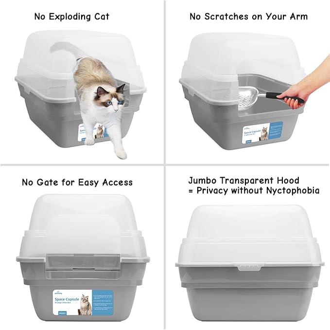 Petfamily Cat Litter Box, Large Foldable Jumbo Hooded with Transparent Lid,Grey-Mewly Pet