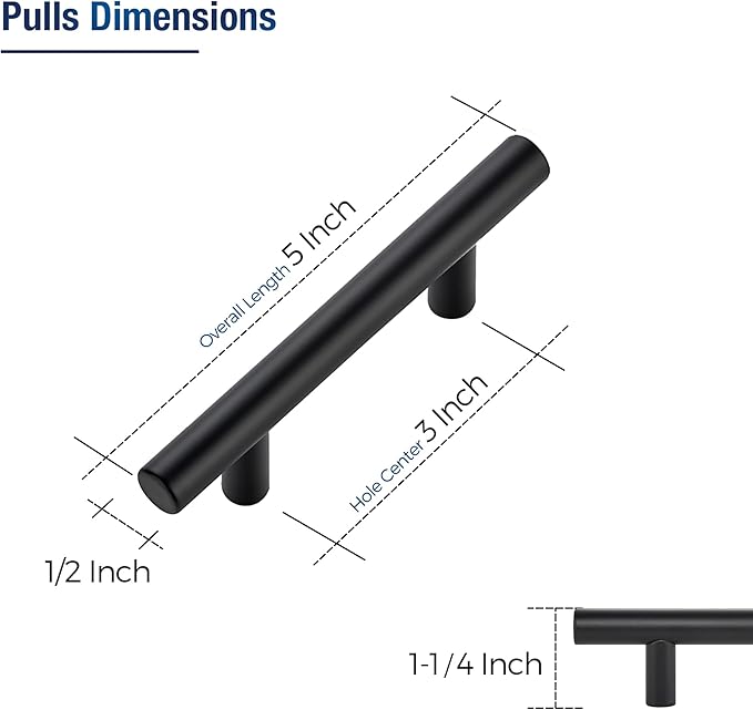 JOY DECOR 60 Pack Cabinet Handles, Black Cabinet Pulls, 3 in Hole Center Kitchen Hardware, Stainless Steel T Bar Handles for Dresser Drawers